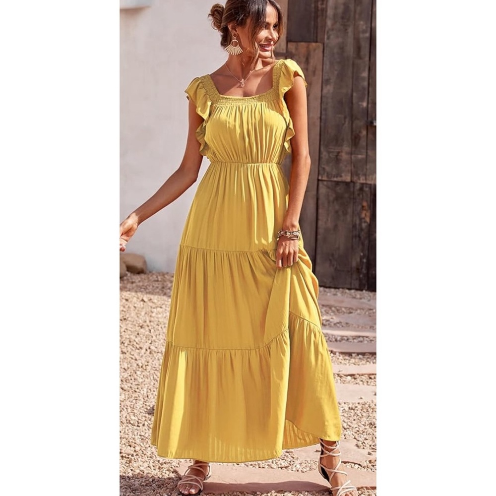 Pretty Garden Women’s Yellow Boho Maxi Tiered  Dress Size Small Ruffle Sundress